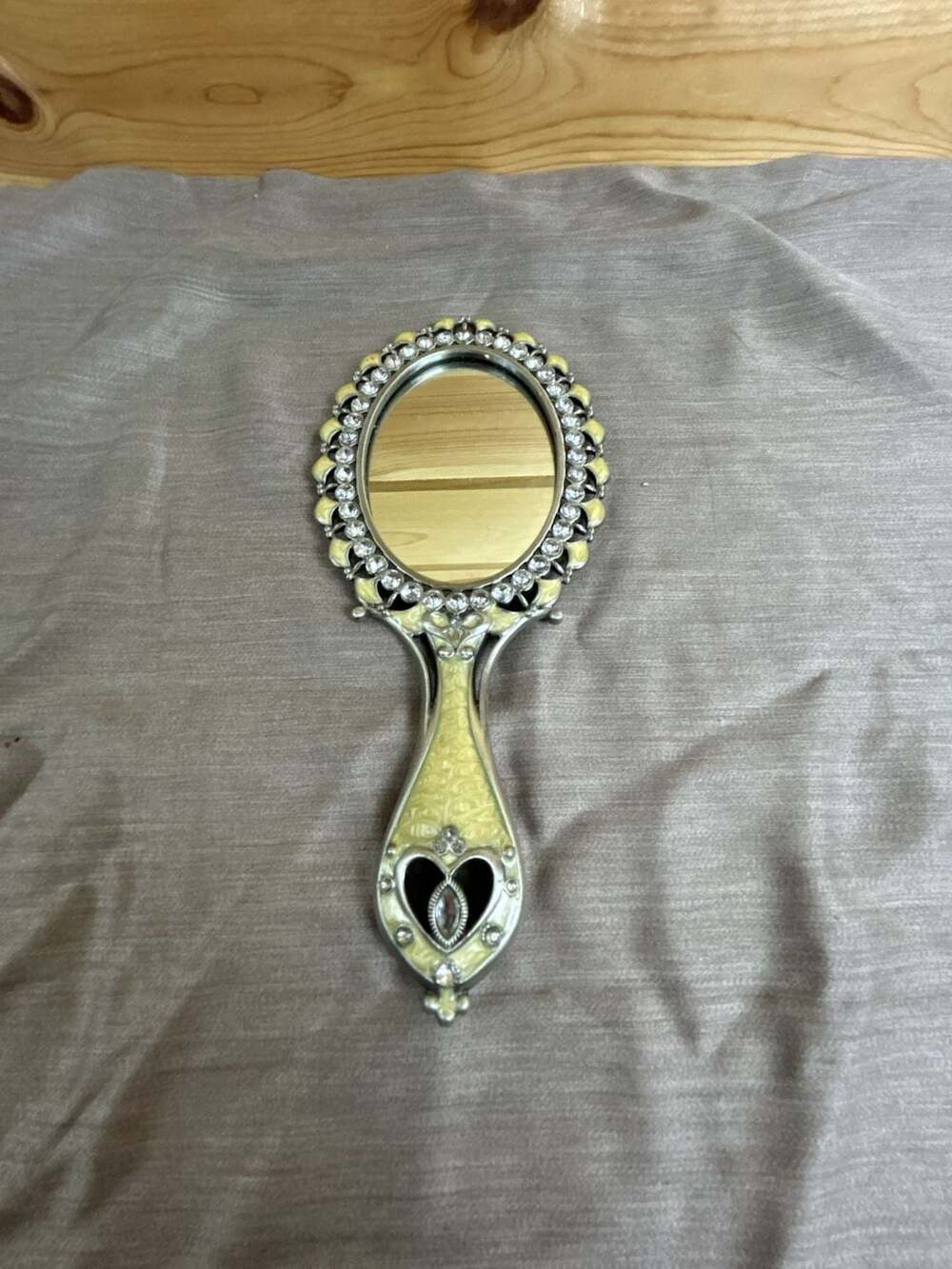 Handheld Jeweled Mirror Vanity Display Vintage Felt Backing Silver